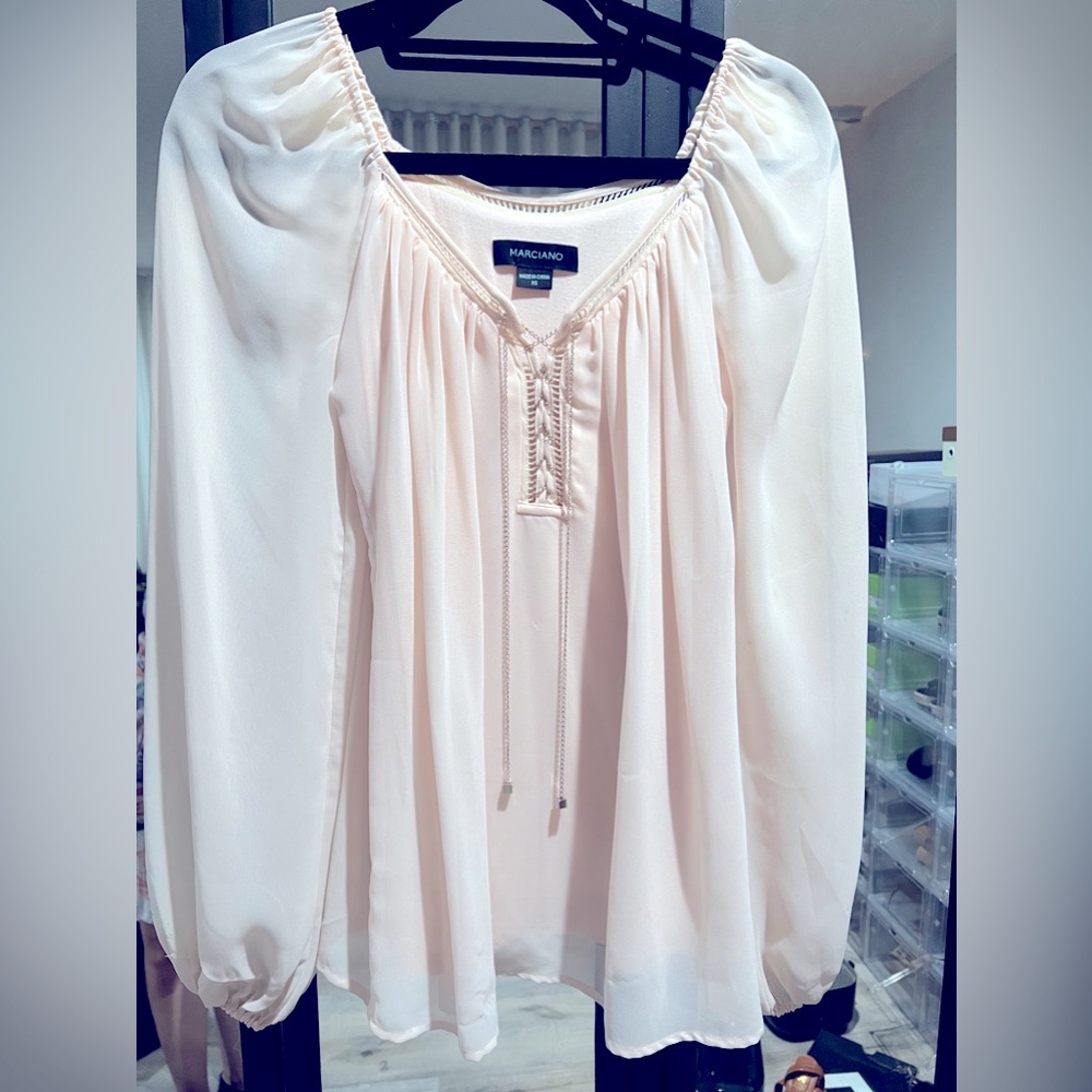 Marciano size XS pale blush light peachy pink blouse. With gold chain detail